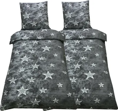 Produktbild von Bettwäsche 155x220 Seersucker Mikrofaser Bettbezug grau weiß Sterne, 4 tlg