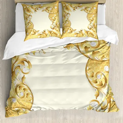 Produktbild von ABAKUHAUS Pearls Bettbezug Set, Illustration Eines Rahmens Mit Verzierungen Und Perlen Barocken Art Blumenmuster, 155 x 220 cm + 80 x 80 cm, Creme Gelb