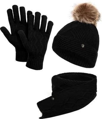 Produktbild von Damen Mütze Schal Handschuhe Set, HEYO Winter-Accessoires, Wintermütze Strickschal, Strickmütze mit Bommel, Bommelmütze HZ0012 Schwarz
