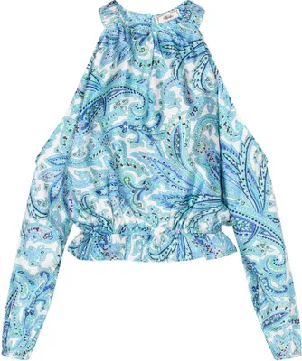 Produktbild von Damen Bluse blau XL mit lockerer Passform, Rundhalsausschnitt und langen Ärmeln mit Cut-outs