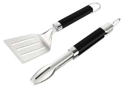 Produktbild von Tragbares Grillwerkzeugset (2-teilig) - bestehend aus Grillzange und Wender, spülmaschinengeeignet - Silber - Schwarz