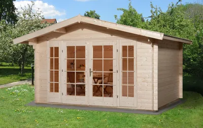 Produktbild von WEKA 137.3830.10.00 Premium Gartenhaus/Blockbohlenhaus Tegernsee 1 mit Vordach (60 cm)/Doppeltür/Doppelfenster ; Größe: 1 ; Farbgebung: Naturbelassen ; Wandstärke: 45 mm ; Maße (LxBxH): 360 cm x 380 cm x 262 cm ; Seitenwandhöhe: 210 cm