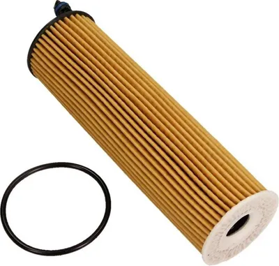 A product shot of an oil filter and a gasket on a white background.