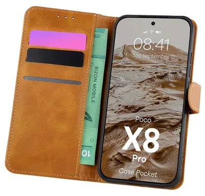Produktbild von Handyhülle mit Klappe für Xiaomi POCO X8 Pro, Bizon Case Pocket, Braun