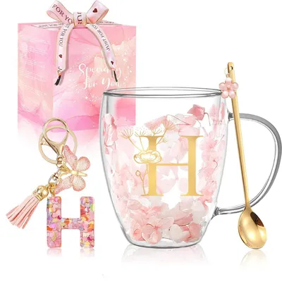 Produktbild von Doppelwandige Latte Macchiato Gläser mit Initial H, getrockneten Blumen, Löffel & Schlüsselanhänger, 280ml, Geschenkset
