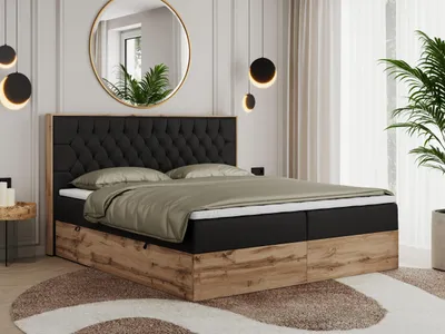 Obrázek produktu pro Boxspring s dřevěným dekorem a prošívaným čelem AMORE s úložným prostorem - 180x200 cm - Multipocket H4 | Černá  - Topper T25