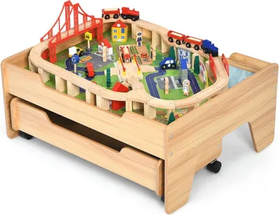 Image de Train de chemin de fer en bois pour enfants, table d'activités avec tiroir, 78 x 63 x 33 cm, naturel