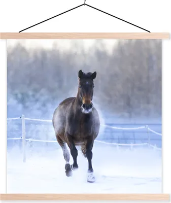 Produktbild von MuchoWow® Textilposter Pferd - Schnee - Winter - Zaun 60x60 cm mit holzfarbenen Rahmen - Wanddekoration