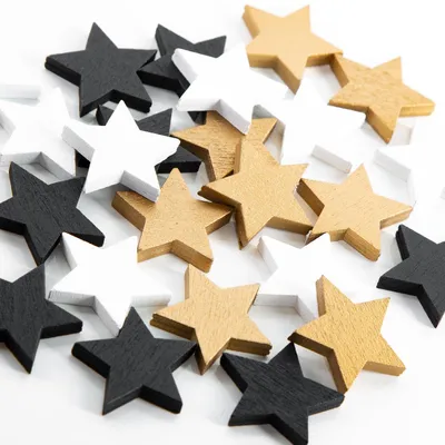 Produktbild von 24 kleine Holzsterne Mini Sterne schwarz gold weiß 2,5 cm