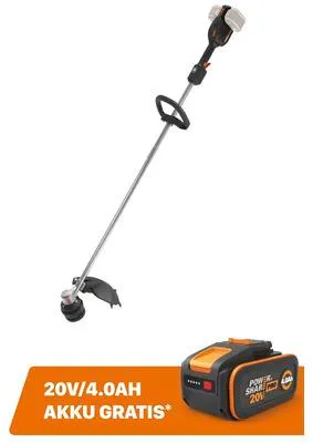 Produktbild von Akku-Rasentrimmer WORX 40V (2 x 20V) 38cm WG185E.9, Brushless Motor + GRATIS Zugabeartikel Ersatzakku WA3644 4,0 Ah 20V