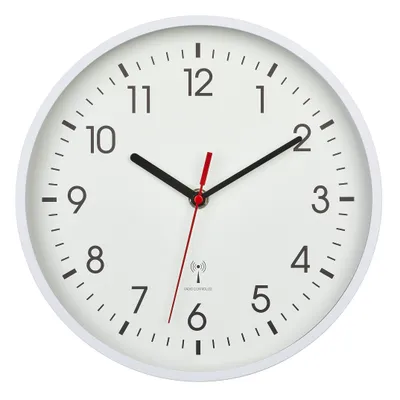 A white analog wall clock with black hands and numbers, and a red second hand, is shown against a white background.