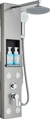 A modern shower panel system with multiple shower heads and dispensers.