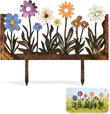 Produktbild von Gartenstecker in Rostoptik, wetterfeste Gartendekoration für draußen, bunte Blumenstecker aus Metall für Garten, Rasen, Hof, Balkon und Blumentopf