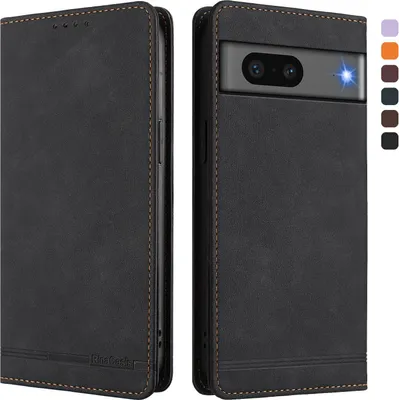 Produktbild von Hülle für Google Pixel 7, Retro Kunstleder Ständer Klapphülle mit Kartenfächer und Magnetische Schwarz