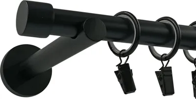 Produktbild von Techno 160 cm Einzelne Gardinenstange Schwarz 19 mm aus Metall mit Endstück LUNA Komplettset mit Ringen und Clips Inklusive Montagezubehörset