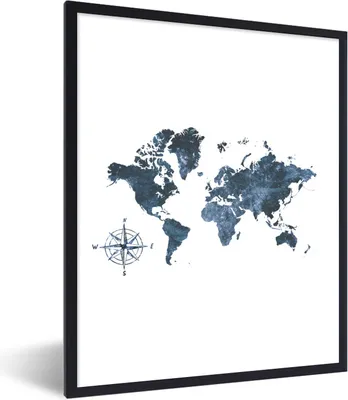Produktbild von MuchoWow® Gerahmtes Poster Weltkarte - Blau - Weiß 60x80 cm - Poster mit Schwarzem Bilderrahmen Wandposter Rahmen Foto Bilder - Premium - Wanddeko Wohnzimmer
