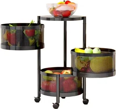 Productafbeelding van Draaibaar keukenkastje met 3 niveaus, zwart – Opbergwagen met uitneembare manden – Organizer voor fruit en groenten