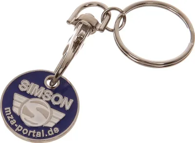 Produktbild von Schlüsselanhänger, Einkaufwagenchip aus Metall mit SIMSON-Logo, beidseitig geprägt inkl. Ring mit Karabinerhaken
