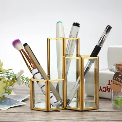 Zdjęcie produktu dla Prosty szklany uchwyt na długopis Sexangle Combination, uchwyt na pędzle do makijażu, organizer na biurko do przechowywania