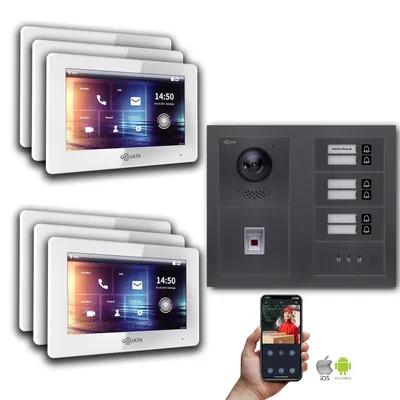 Produktbild von Goliath IP Video Türsprechanlage: 7-Zoll 6 Familienhaus, Fingerprint, Anzeige, Anthrazit : 7 Zoll Weiß : Unterputzdose Monitor Farbe: 7 Zoll Weiß Montage: Unterputzdose