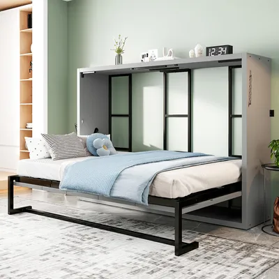 Produktbild von Merax Tagesbett Murphy-Bett 140x200cm, Wandklappbett aus Metall und Holz, platzsparendes Faltbett mit Verriegelungssystem, Einzelbett leise, Grau