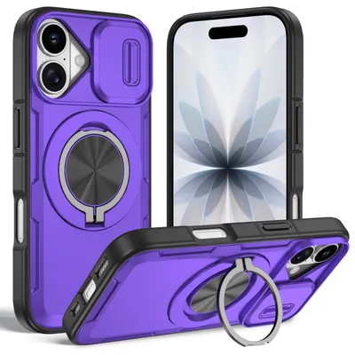 Produktbild von Magnetische Hülle für iPhone 17, Militär Stoßfest Handyhülle mit Kameraschutz und Ringhalter Ständer Lila
