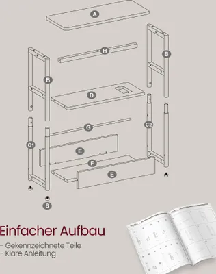 An exploded view diagram of a furniture assembly, showing individual parts labeled with letters and numbers, along with a booklet.