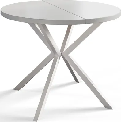 A white round dining table with a split top and a white metal base with an X-shaped design.