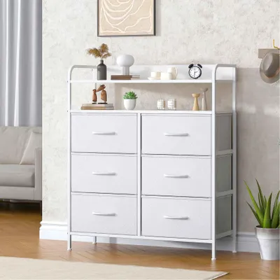 Productafbeelding van Zimilo commode met 6 lades van stof en een open vak, dressoir voor slaapkamer en hal, witte salontafel van metaal en hout, 83x30x97 cm