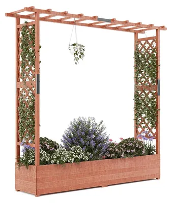 Produktbild von Erhöhtes Hochbeet aus Holz - Pflanzkasten mit Rankgitter und Dach - 196x44x182 cm - Mit Drainagelöchern - Freistehender vertikaler Pflanzer für Kletterpflanzen