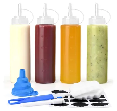 Produktbild von 4 Stück 250ml Gewürz Quetschflaschen für Saucen, Kunststoff Flasche für Ketchup, heiße Saucen, Grill- und Salatsaucen, Malen, Olivenöl