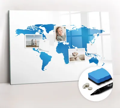 Produktbild von Magnetpinnwand Memoboard - Zubehörsatz - Schwarzer Marker + Schwamm + Magnete - 90 x 60 cm - Weltkarte