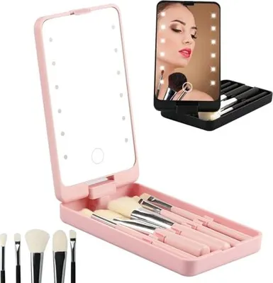 Produktbild von Rotatable LED -Make -up -Box Klappspiegel, wiederaufladbare 360 ​​° rotierende Reisekosmetikspiegelbeleuchtung, 5 Pinsel, Tischreisen, Zuhause (rosa)