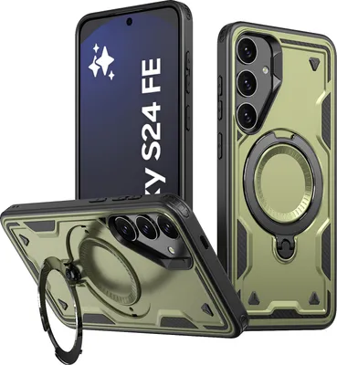 Produktbild von Dual Layer Hülle für Samsung Galaxy S24 FE Metall Ring Ständer Magnetisch Stoßfest Militär Handyhülle Grün