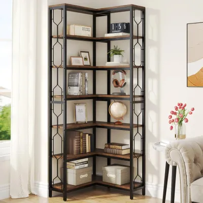 Zdjęcie produktu dla Przemysłowy regał narożny – 7-półkowy regał narożny – drewno i metal – wolnostojący – 60 x 60 x 200 cm – kolor rustykalny brąz