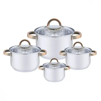 A set of four stainless steel pots with glass lids and gold-colored handles, arranged on a white background.
