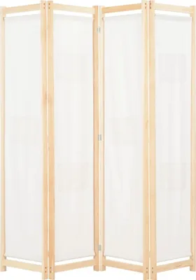 A four-panel room divider made of wood and fabric.