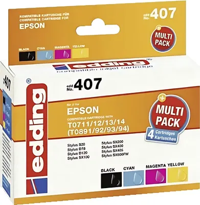 A product box for Edding compatible ink cartridges for Epson printers.