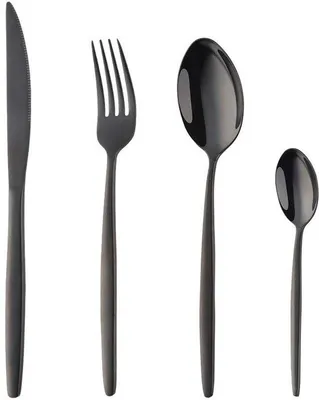 Image de Ibenzoa® : ensemble de couverts noirs en acier inoxydable pour 1 personne, comprenant une fourchette, une cuillère, une cuillère à café et un couteau à steak. Poignées ergonomiques, lavable au lave-vaisselle
