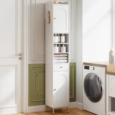 Image de Armoire de salle de bain haute avec étagère réglable, dimensions 28 x 28 x 180 cm, en MDF