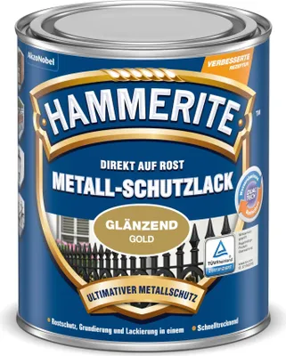 Produktbild von Hammerite Metall-Schutzlack Glänzend, Fertig gemischt, Zaun, Möbel, Treppe, Fenster, Metall, Glänzende Oberfläche, Gold, 10 m²/L, Gold