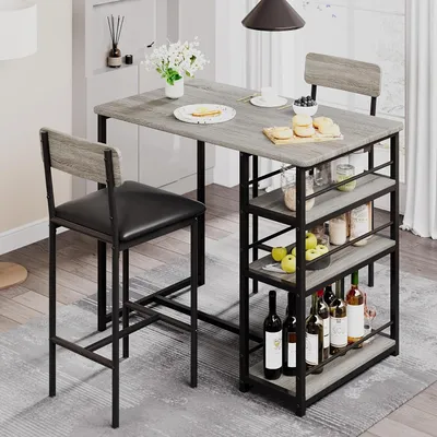 Image de Ensemble de table et chaises – Table de cuisine avec 2 chaises et 3 étagères de rangement – Style industriel – Gris