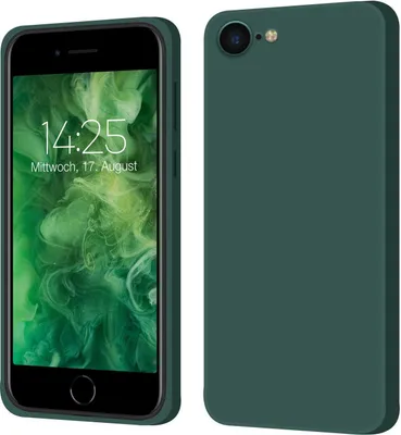A split image showing the front and back of a green phone case with a phone inside on the left.