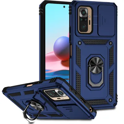Immagine prodotto di Custodia per Xiaomi Redmi Note 10 Pro/10 Pro Max a doppio strato con copertura scorrevole della fotocamera e supporto ad anello blu