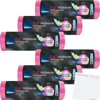 Produktbild von Edeka Duft-Müllbeutel mit Zugband pink 35l 6er Pack (6x12 Beutel) + usy Block