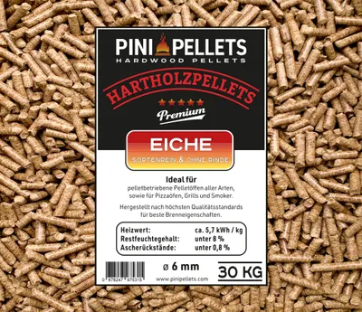 Produktbild von Hartholz Pellets 6 mm PINI 30 Kg zum Heizen Grillen Räuchern Smoken