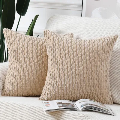 Produktbild von Set mit 2 gestreiften Boho-Kissenbezügen, weiche Cord-Dekokissenbezüge für Schlafzimmer und Sofa, beige, 50 x 50 cm