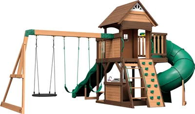 A wooden children's playset with swings, a slide, and a climbing wall, shown against a white background.