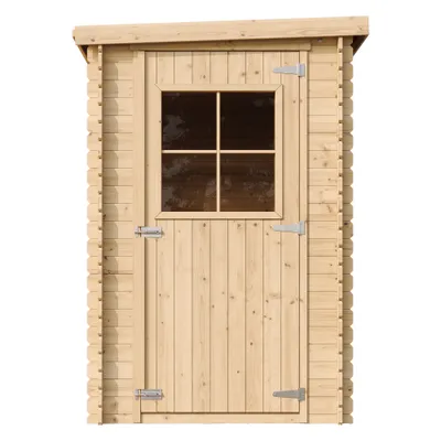A front view of a wooden garden shed with a window and a door.