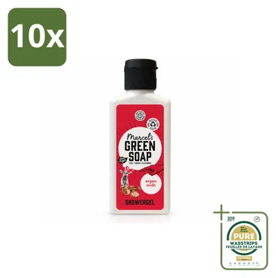 Imagen del producto de 10 unidades de gel de ducha "Marcel's Green Soap" con aceite de argán y oud, 100 ml cada uno, pack ahorro